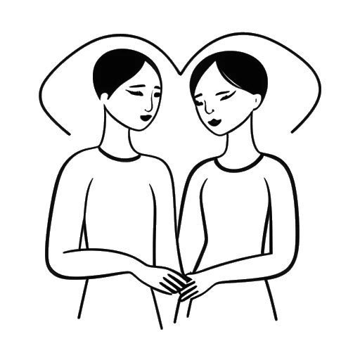 Lijntekening van een man en een vrouw, die Adam22 en Lena the Plug voorstellen, elkaars handen vasthoudend, met een hart symbool boven hun hoofden, wat hun open relatie symboliseert.