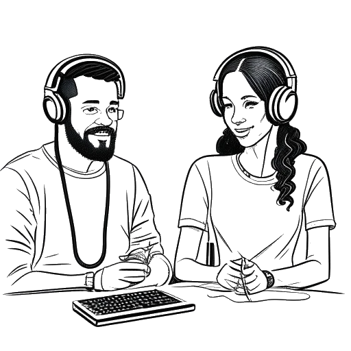 Desenho em arte de linha de um homem e uma mulher, representando Adam22 e Lena the Plug, sentados à frente de microfones, com fones de ouvido, hospedando o podcast Plug Talk deles.