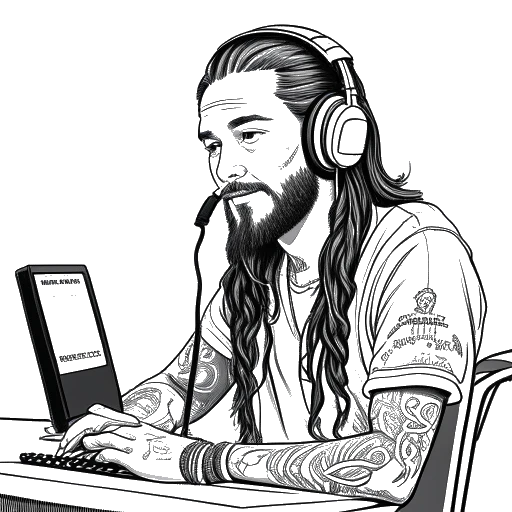 Dibujo lineal de un hombre con cabello largo y tatuajes, que representa a Adam22, sentado frente a un micrófono con auriculares, y con un tablero de visualización grande detrás de él mostrando el número de visitas y suscriptores del podcast.