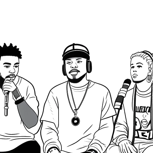 Line art drawing of three men, representing Lil Yachty, XXXTentacion, and 6ix9ine, sitting in front of microphones, with Adam22 standing behind them, conducting the interview.