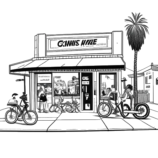 Line art drawing of a storefront on Melrose Ave. with the ONSOMESHIT logo displayed above the entrance and people browsing BMX bikes and gear inside.