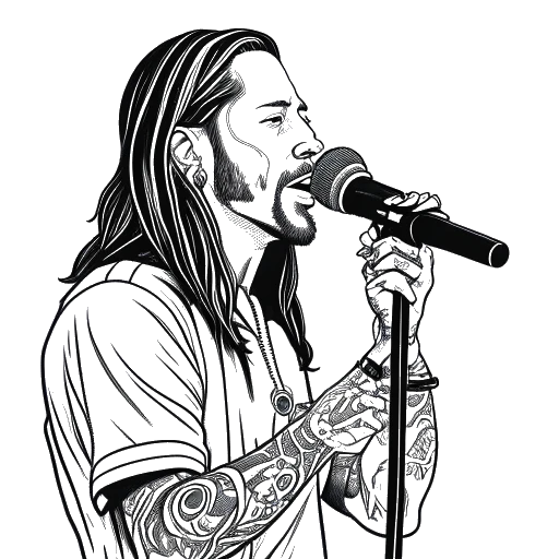 Disegno in stile line art di un uomo con capelli lunghi, tatuaggi e una grande statura, che rappresenta Adam22, in piedi davanti a un microfono, con un album di hip-hop visualizzato sullo sfondo.
