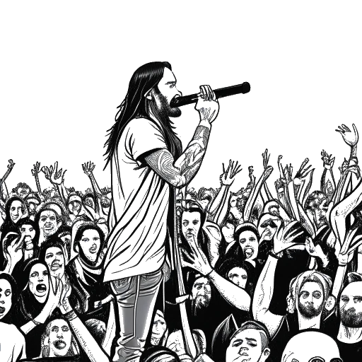 Line art drawing of a man with long hair and tattoos, representing Adam22, standing on a stage, holding a microphone, with a crowd of people in the background, enjoying the music at the Trap Circus music festival.