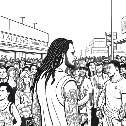 Dibujo lineal de un hombre con cabello largo y tatuajes, que representa a Adam22, de pie frente a una tienda, con una gran multitud afuera rindiendo homenaje a XXXTentacion.