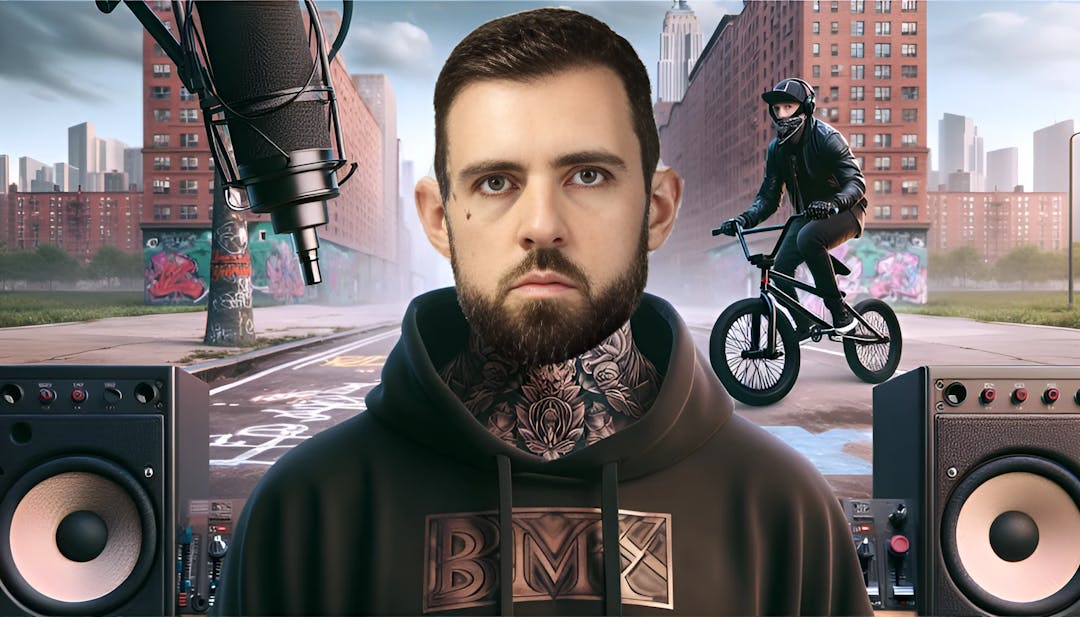 Adam22, con tatuajes en el cuello y la cara, vestido con indumentaria urbana de BMX, frente a un paisaje urbano de Nueva York con elementos de BMX y podcasting