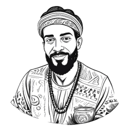 Desenho detalhado de um homem representando Ryan Gosling, co-proprietário de um restaurante marroquino e membro de uma banda independente. Conhecido por apoiar causas como PETA, mesclando vida particular com ativismo social.