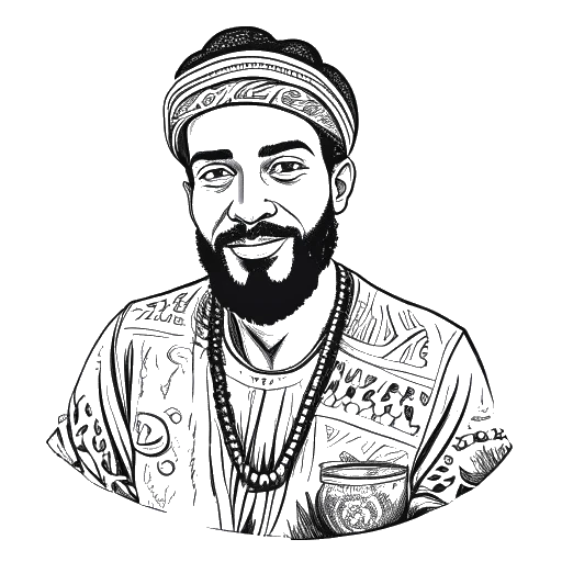 Desenho detalhado de um homem representando Ryan Gosling, co-proprietário de um restaurante marroquino e membro de uma banda independente. Conhecido por apoiar causas como PETA, mesclando vida particular com ativismo social.