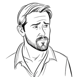 Desenho monocromático de um homem representando Ryan Gosling, transitando de séries de TV para filmes aclamados como 'The Believer' e 'Half Nelson', e conquistando corações no filme romântico 'Diário de uma Paixão'. Demonstrando versatilidade em filmes independentes como 'Lars and the Real Girl.'