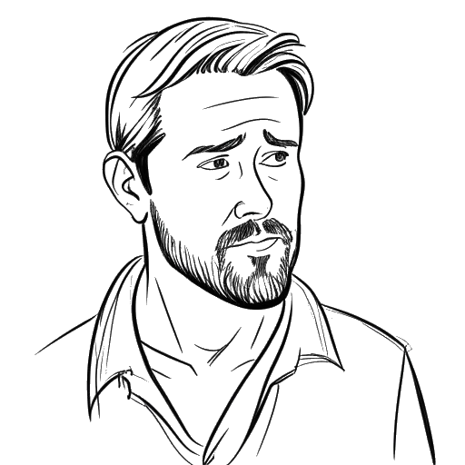 Esquisse monochrome d'un homme représentant Ryan Gosling, passant des séries télévisées à des films acclamés comme 'The Believer' et 'Half Nelson,' et captivant les cœurs dans le film de romance 'The Notebook.' Démontrant sa polyvalence dans des films indépendants comme 'Lars and the Real Girl.'