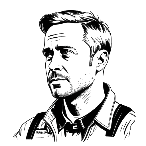 Zwart-wit tekening van een man die Ryan Gosling vertegenwoordigt die uitblinkt in films zoals 'Blue Valentine' en 'La La Land,' prestigieuze nominaties vergarend. Het verkennen van regisseren met 'Lost River' en het belichamen van Neil Armstrong in 'First Man.'