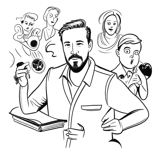 Desenho em arte linear de um homem, representando Ryan Gosling, mostrando seu envolvimento em atuação, direção, propriedade de restaurante e música, encapsulando suas diversas fontes de renda de forma visual dinâmica.