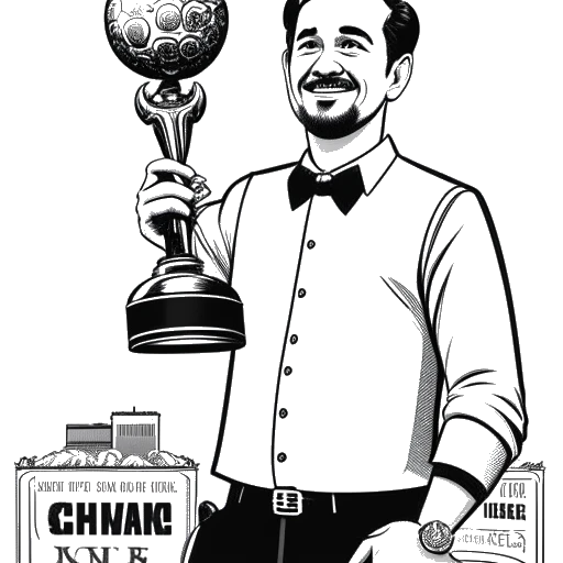 Line art drawing of a man holding a Golden Globe and an Oscar statuette, with movie posters of 'Half Nelson' and 'La La Land' in the background.