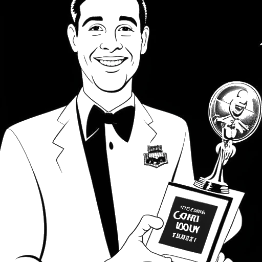 Line art drawing of a man holding a Golden Globe and an Academy Award nomination certificate, with movie posters of 'Barbie' in the background.