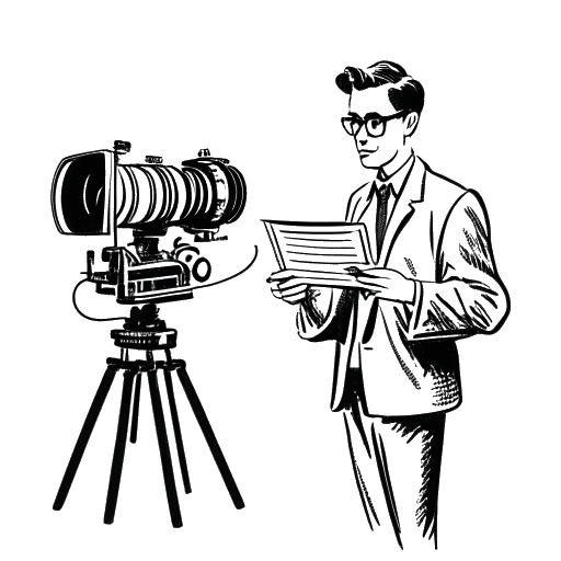 Line art drawing of a man holding a movie script, standing behind a camera and directing actors.