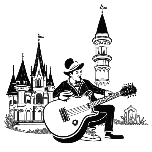Lijntekening van een man die gitaar speelt voor het kasteel van Assepoester in Disneyland.