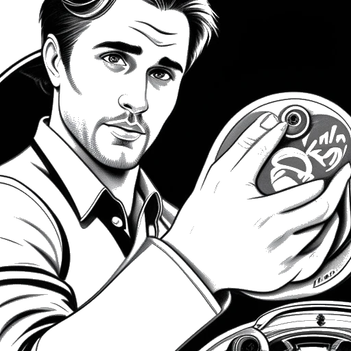 Line art drawing of a man holding a driving wheel in one hand and a heart-shaped locket in the other, with movie posters of 'Drive' and 'Blue Valentine' in the background.