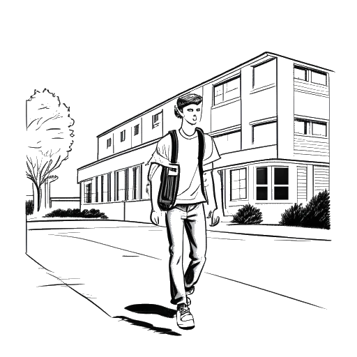Desenho de arte em linha de um adolescente segurando um roteiro, afastando-se de um prédio escolar com um olhar determinado, representando Ryan Gosling.