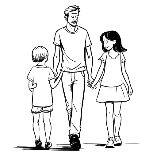 Dessin en ligne d'un homme et d'une femme se tenant la main, avec deux jeunes filles jouant à proximité, représentant Ryan Gosling et sa famille.