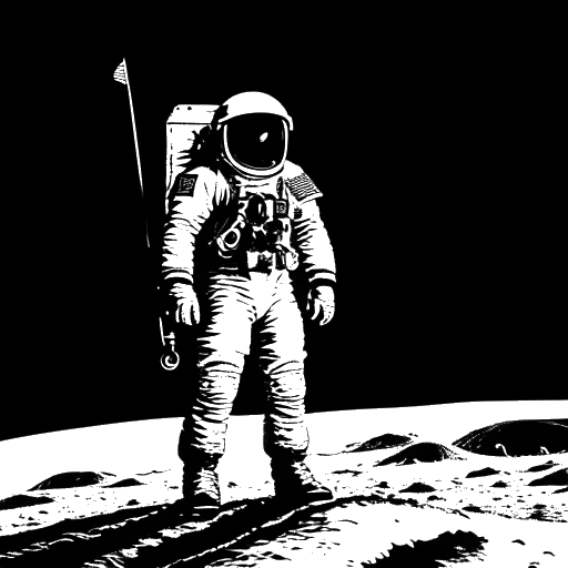 Line art drawing of an astronaut standing on the moon, with the American flag and the Earth in the background, representing Ryan Gosling's portrayal of Neil Armstrong.