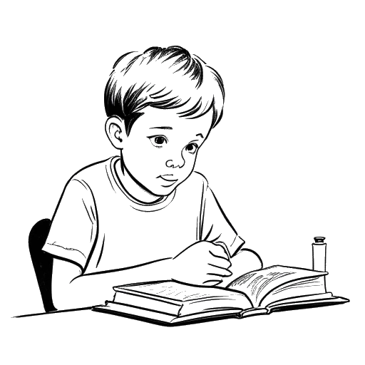 Line art drawing of a boy with a book, representing Ryan Gosling during his homeschooling period.
