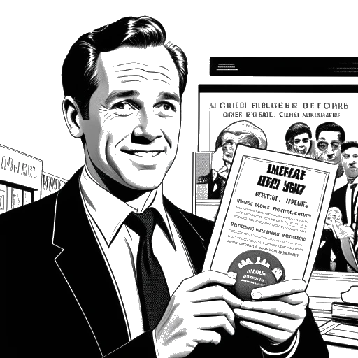 Line art drawing of a man holding a Golden Globe nomination certificate, with movie posters of 'The Ides of March' in the background.