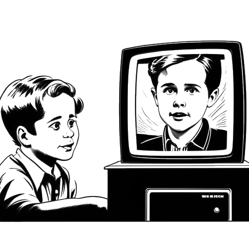 Strichzeichnung eines Jungen, der einen älteren Mann nachahmt, mit einem Vintage-Fernseher, der ein Bild von Marlon Brando zeigt, der Ryan Gosling darstellt.