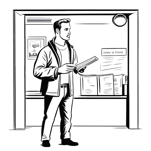Desenho de arte em linha de um homem segurando um roteiro de filme, em pé entre uma televisão e a entrada de um cinema, representando a progressão de carreira de Ryan Gosling.