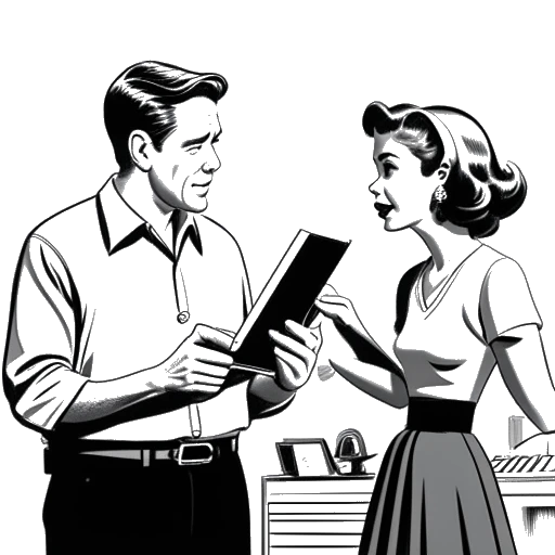 Lijntekening van een man en een vrouw die een verhitte discussie voeren op een filmset, met een klapperbord met 'The Notebook' op de achtergrond.