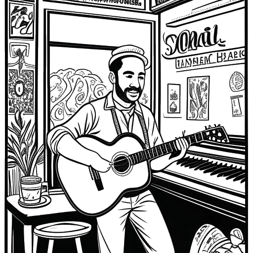 Line art drawing of a man standing behind a restaurant counter, holding a guitar and a menu, with Moroccan decor and a band logo in the background.
