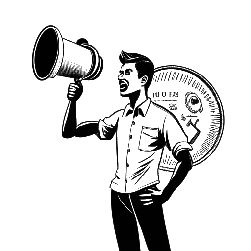 Desenho de arte em linha de um homem segurando um megafone, em frente a logotipos representando PETA, Crianças Invisíveis, Inc., e o Projeto Suficiente.