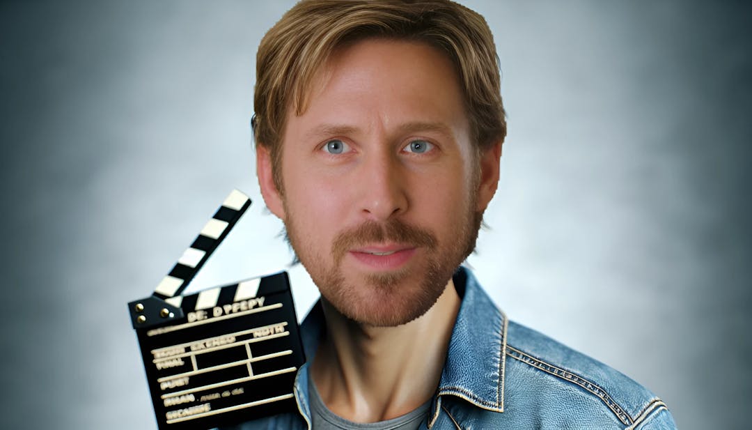 Ryan, a fair-skinned male with a light beard and mustache, medium-length swept-back hair, casually dressed in denim, staring directly at the viewer with a subtle side glance. The image blends career motifs and charm in vivid colors and high resolution.