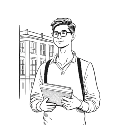 Lijnkunsttekening van een man, die Bradley Cooper vertegenwoordigt, met een boek en een bril, voor een universiteitsgebouw.