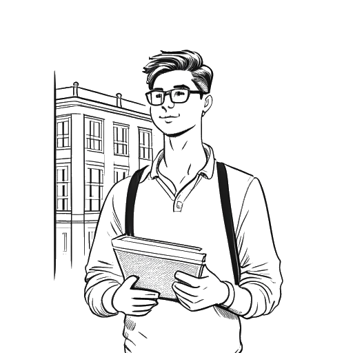 Dibujo de arte lineal de un hombre, representando a Bradley Cooper, sosteniendo un libro y usando anteojos, frente a un edificio universitario.