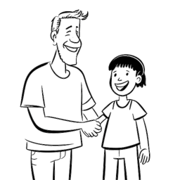 Lijnkunsttekening van een man, die Bradley Cooper vertegenwoordigt, die tijd doorbrengt met een kind op een liefdadigheidsevenement, hand in hand en glimlachend, met dank-je-welbanners op de achtergrond.