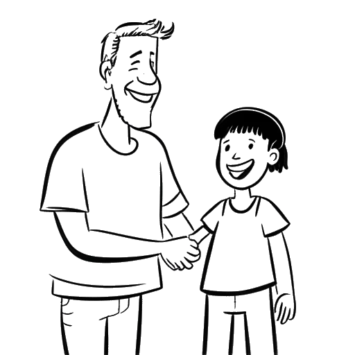 Line art drawing of a man, representing Bradley Cooper, spending time with a child at a charity event, holding hands and smiling, with thank-you banners in the background.