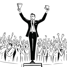 Lijnkunsttekening van een man, die Bradley Cooper vertegenwoordigt, in een stijlvol pak, die een prijs omhoog houdt terwijl hij wordt omringd door juichende publiekssilhouetten.