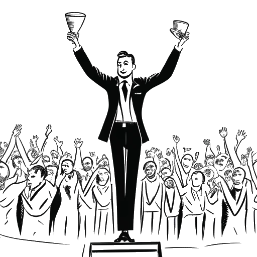 Line art drawing of a man, representing Bradley Cooper, in a stylish suit, raising an award while being surrounded by cheering audience silhouettes.