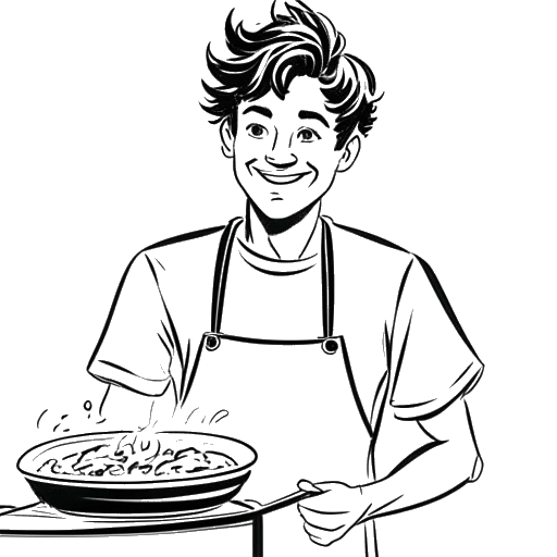 Line art drawing of a young man representing Bradley Cooper, with messy hair and an apron, holding a spatula and a lasagna dish.