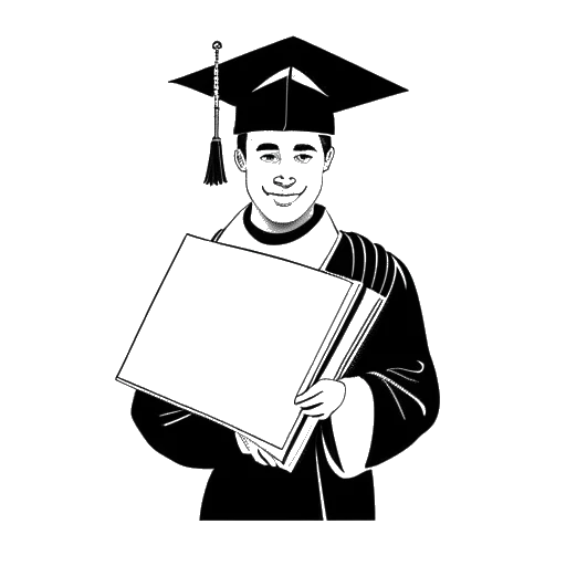 Dibujo de línea de un joven que representa a Bradley Cooper, con toga y birrete de graduación, sosteniendo un diploma con libros de Inglés y Francés a su lado.
