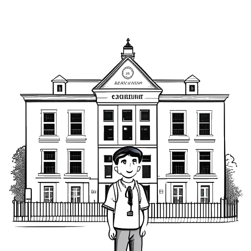 Line art drawing of a boy representing Bradley Cooper, with short hair, in a school uniform, standing in front of the Germantown Academy.