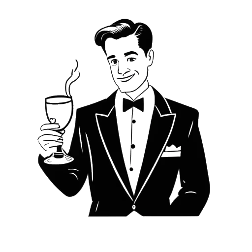 Lijntekening van een man die Bradley Cooper vertegenwoordigt, in een smoking, met een drankje in zijn hand, met de woorden 'The Hangover' en 'Phil' op de achtergrond.
