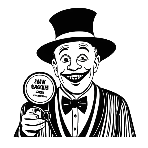 Dibujo de línea de un hombre que representa a Bradley Cooper, sosteniendo una bobina de película, con una máscara de payaso y las palabras 'nominación al Premio de la Academia' en el fondo.