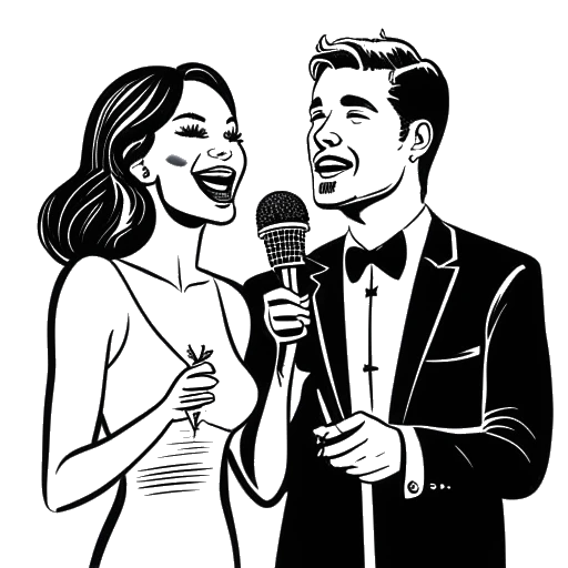 Strichzeichnung eines Mannes und einer Frau, die Bradley Cooper und Lady Gaga darstellen, die Mikrofone halten, mit einem Stern und den Worten 'A Star Is Born' und 'Oscar-Nominierungen' im Hintergrund.