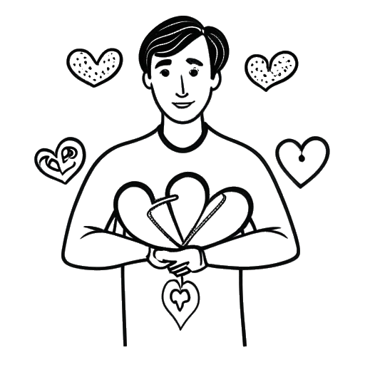 Lijntekening van een man die Bradley Cooper vertegenwoordigt, met een hart in zijn hand, omringd door linten met het woord 'kanker' erop geschreven.