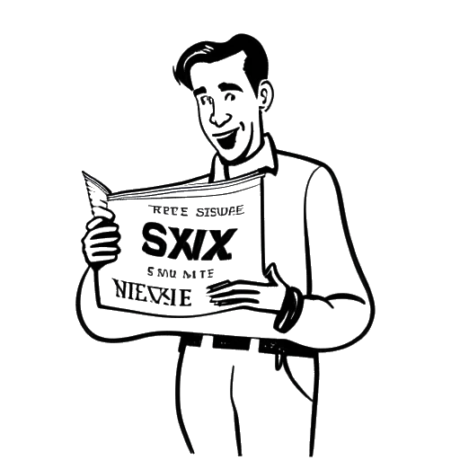 Dibujo de línea de un hombre que representa a Bradley Cooper, sosteniendo una revista con la portada que dice 'El hombre más sexy vivo'.