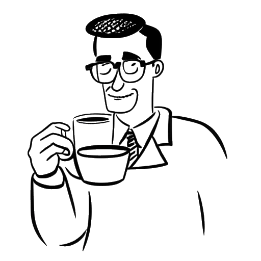 Line art drawing of a man representing Bradley Cooper, holding a cup of coffee, with a calendar showing the year 2004 and the word 'sober' in the background.