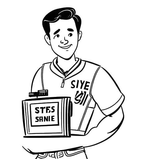 Line art drawing of a man representing Bradley Cooper, holding a TV and a film reel, with the words 'Sex and the City' and 'Wet Hot American Summer' in the background.