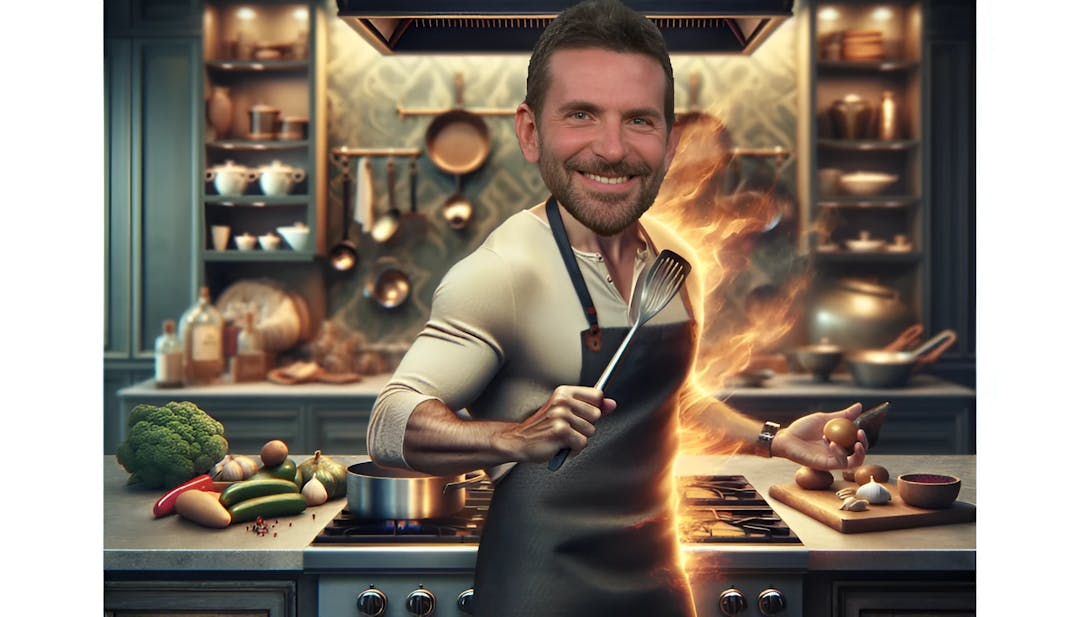 Bradley Cooper in einer lebendigen Küchenumgebung, hält einen Pfannenwender mit Flammen im Hintergrund und zeigt seine Leidenschaft für das Kochen und die kulinarische Kunst.