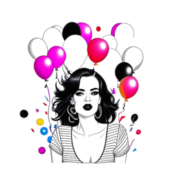 Line art drawing of Katy Perry surrounded by colorful balloons and confetti.