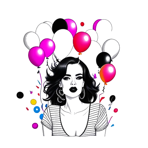 Line art drawing of Katy Perry surrounded by colorful balloons and confetti.